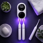 Digital toothbrush with UV light on a purple surface with a plant and towel.