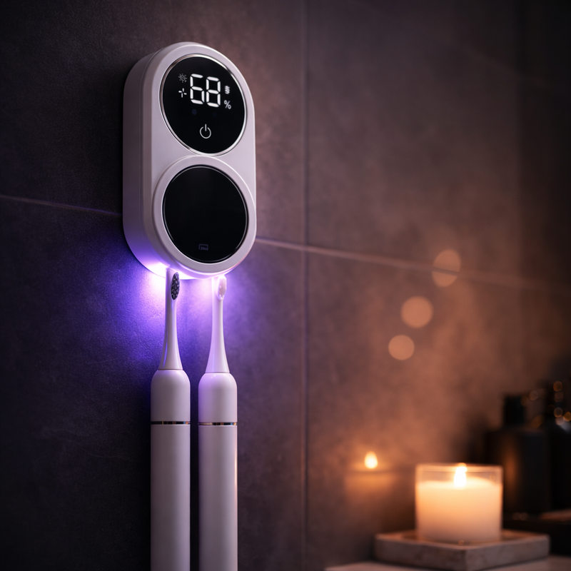 Digital temperature controller with two toothbrushes on a dark tiled wall.