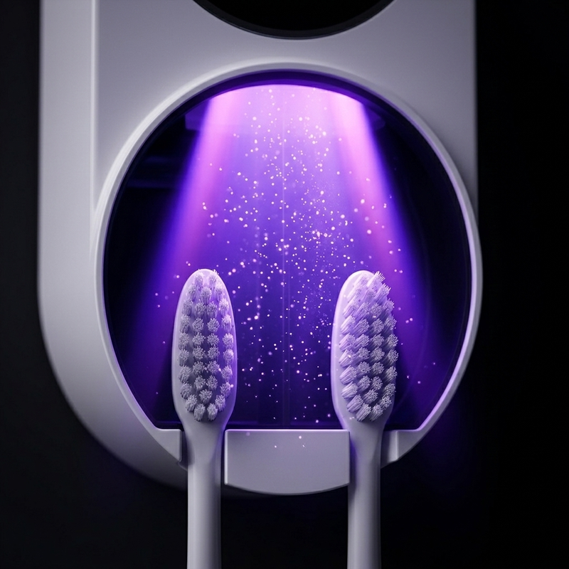Two toothbrushes under a UV light in a white container on a black background